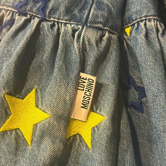 LOVE MOSCHINO Women’s Flounced Embroidered Sleeveless Denim Dress Sz 4 Girly - Picture 12 of 13